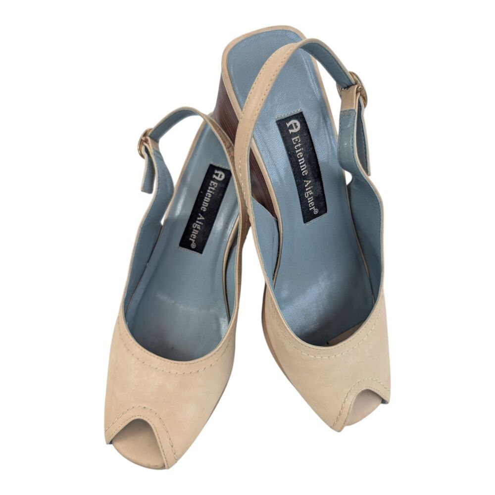 Etienne Aigner Scheme Beige Leather Peep-toe Slingback Wedge Sandals Size 7M